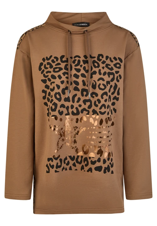 DORIS STREICH Women's Brown Sweatshirt with Leopard-Print Trim and Print