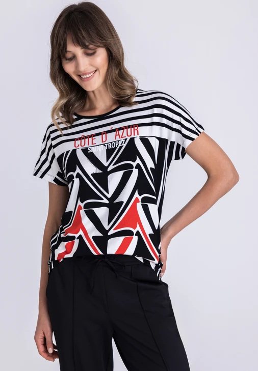 TUZZI COLLEGE ladies shirt red and black with rhinestones and stripes