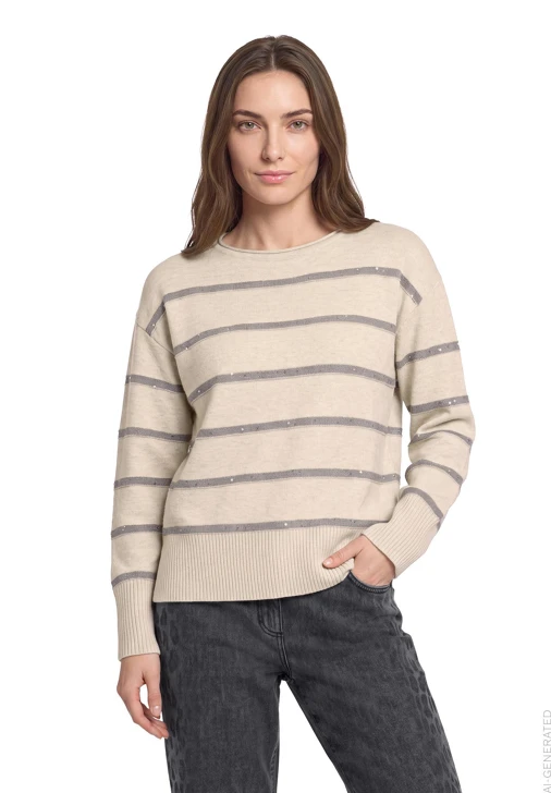 BETTY BARCLAY Women's Beige Sweater with Gray Stripes and Sequins