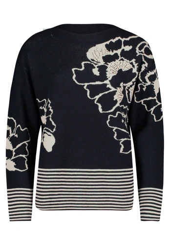 BETTY BARCLAY ladies blue sweater with beige stripes and flowers (5)