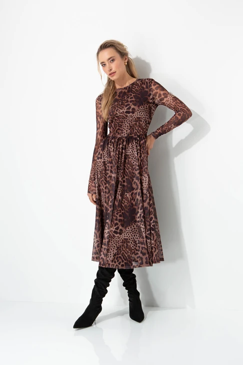 CATNOIR Women's Cognac-Colored Mesh Dress with Leopard Print