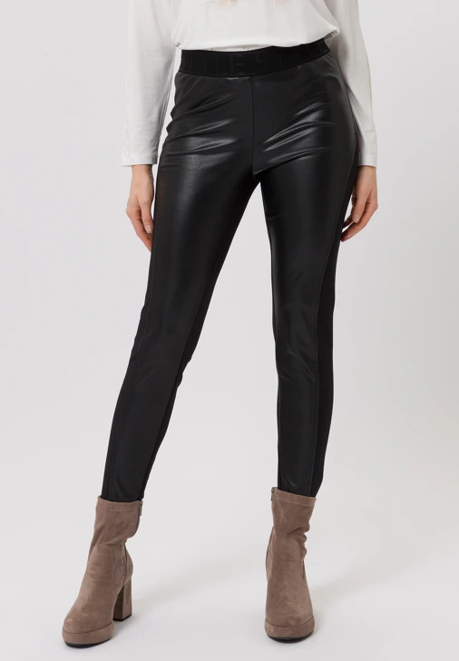 TUZZI ESSENTIALS women's trousers black front leg parts leatherette