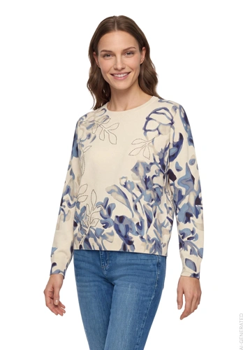 BETTY BARCLAY SO COSY Women's Beige Sweater with Blue Print and Rhinestones