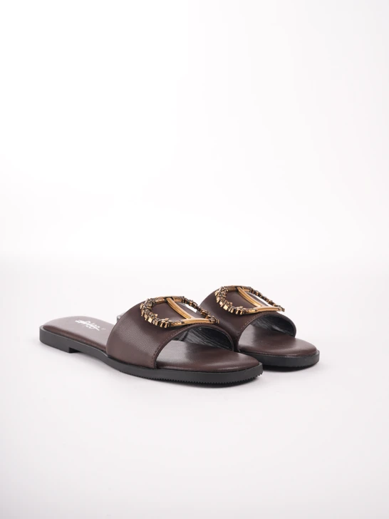 PASS ladies brown slippers with decorative buckle