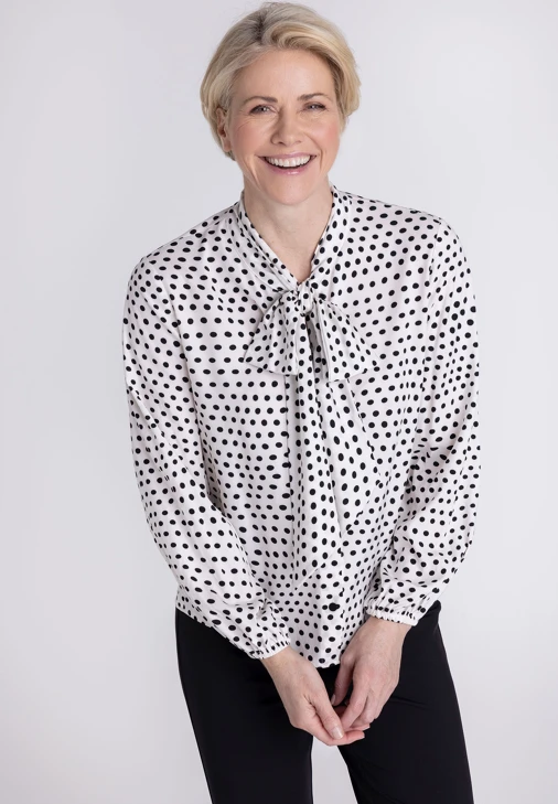 FRANK WALDER Women's Blouse, Cream with Black Polka Dots
