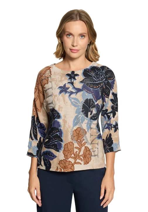BETTY BARCLAY Women's Beige and Blue Floral Sweater with Rhinestones