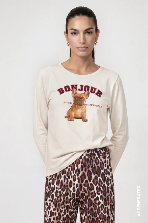 MONARI FASHION SHOW Women's Cream-Colored "Bonjour" T-Shirt