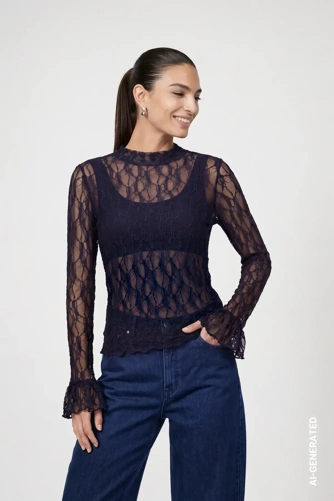 MONARI STUDIO BLUE Women's Dark Blue Lace T-Shirt