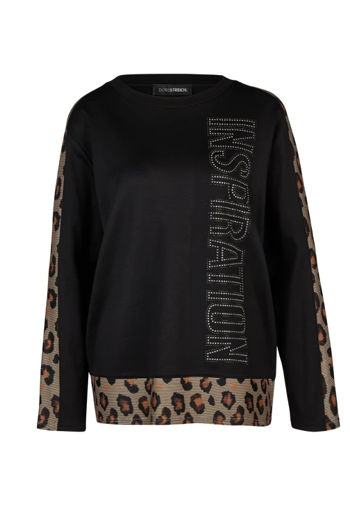DORIS STREICH Women's Black Tunic with Leopard-Print Trim and Rhinestones