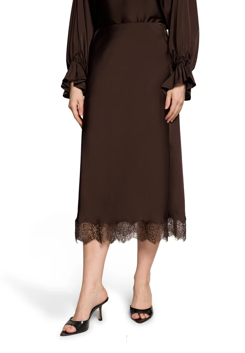 VERA MONT Women's Brown Satin Skirt with Lace Trim