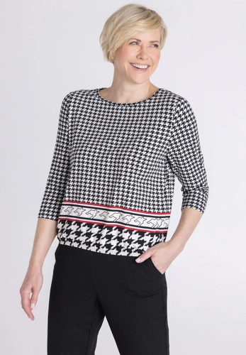 FRANK WALDER Women's Black and Beige Patterned T-Shirt