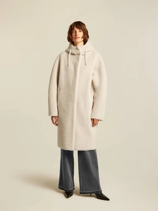 BEAUMONT women's fur coat off white long with hood reversible