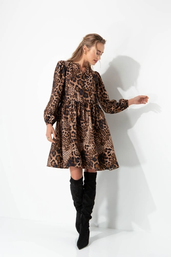 CATNOIR Women's Cognac-Colored Viscose Crepe Dress with Leopard Print