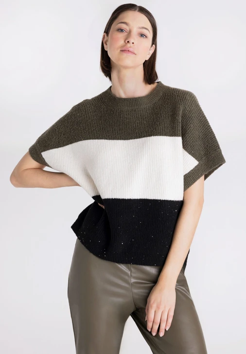 TUZZI Women's Knitted Vest, Olive with Stripes