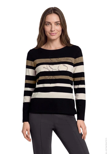 BETTY BARCLAY Women's Black T-Shirt with Stripes and Rhinestones