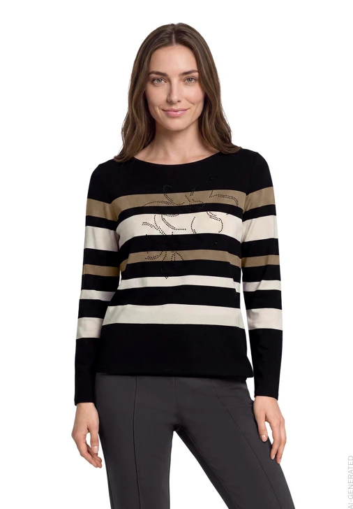 BETTY BARCLAY Women's Black T-Shirt with Stripes and Rhinestones