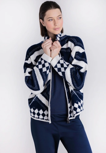 TUZZI NORDIC DUN Women's Blue and White Zip-Up Sweater