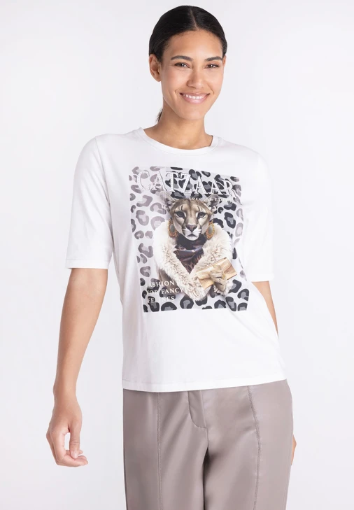 TUZZI QUIET WILD Women's Cream-Colored T-Shirt with Print and Rhinestones