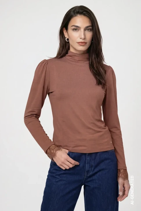 MONARI STUDIO BLUE Women's Brown T-Shirt with a Stand-Up Collar