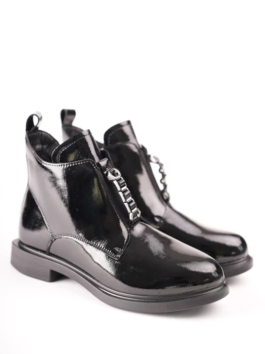 PASS Women's Black Patent Leather Ankle Boots