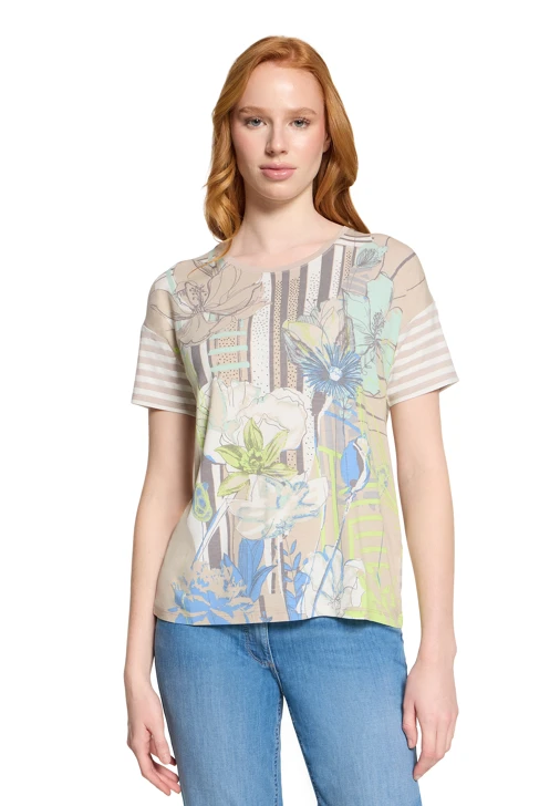 BETTY BARCLAY SO COSY women's shirt beige with rhinestones and stripes