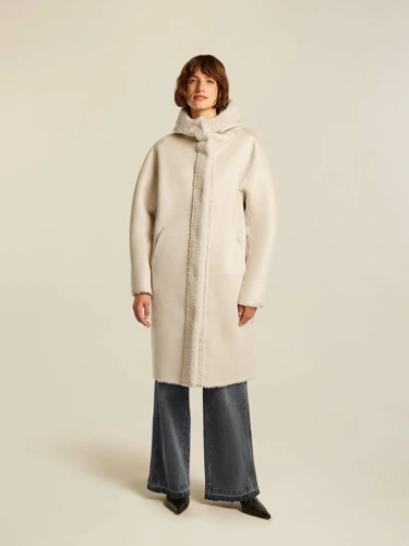 BEAUMONT women's fur coat off white long with hood reversible (3)