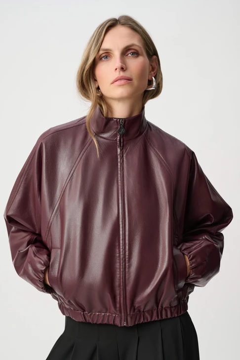 JOSEPH RIBKOFF Women's Faux Leather Jacket, Dark Burgundy
