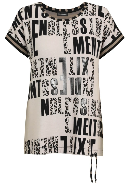DORIS STREICH ladies shirt black and beige with print and rhinestones