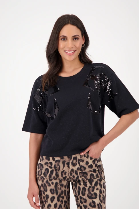 MONARI MONTANA ladies sweatshirt black with lurex and sequins short sleeve