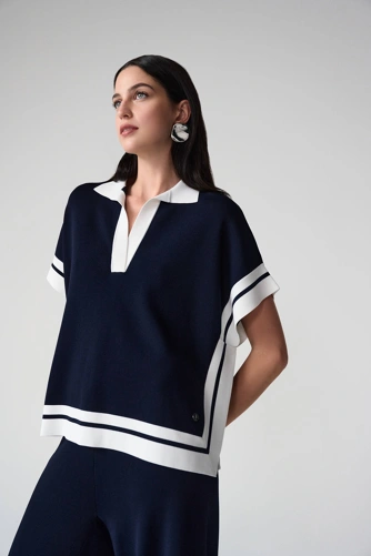 JOSEPH RIBKOFF ladies blue knitted sweater with white blocks (4)